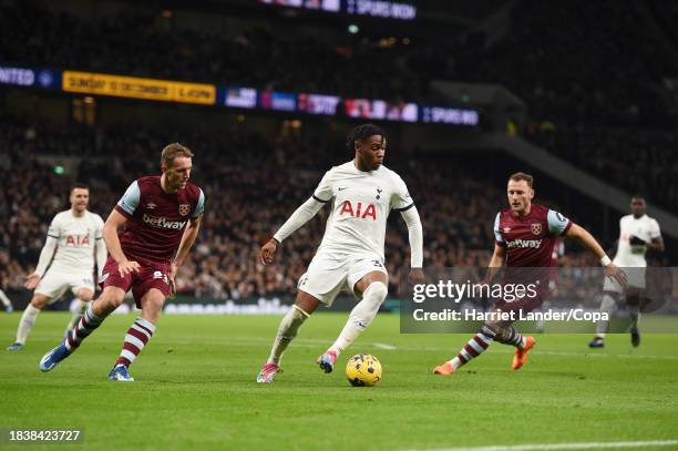 Destiny Udogie of Tottenham Hotspur in action during the Premier League match between Tottenham Hotspur and West Ham United at Tottenham Hotspur...