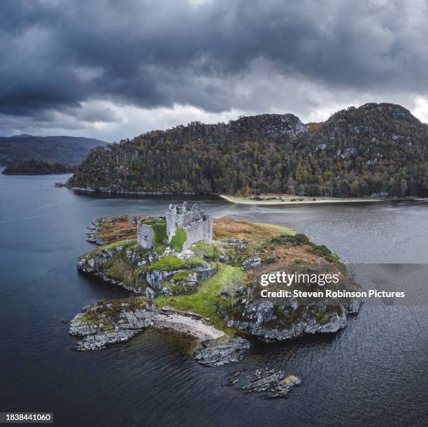 castle tioram aerial view, ardnamurchan - island castle stock pictures, royalty-free photos & images