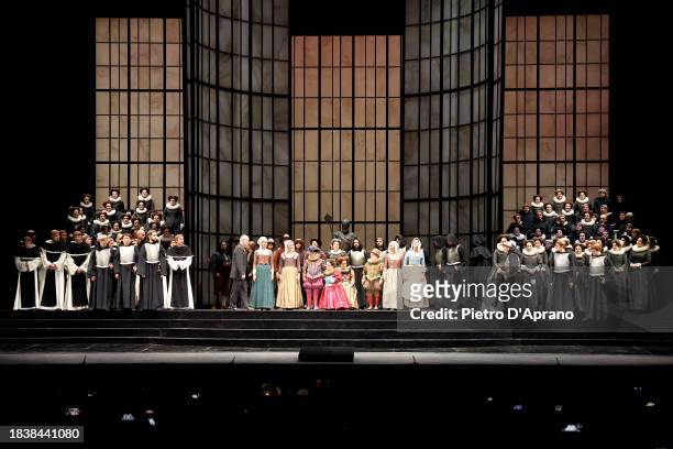The cast of the opera "Don Carlo" during the final applauses at the 2023/2024 Season Inauguration at Teatro Alla Scala on December 07, 2023 in Milan,...