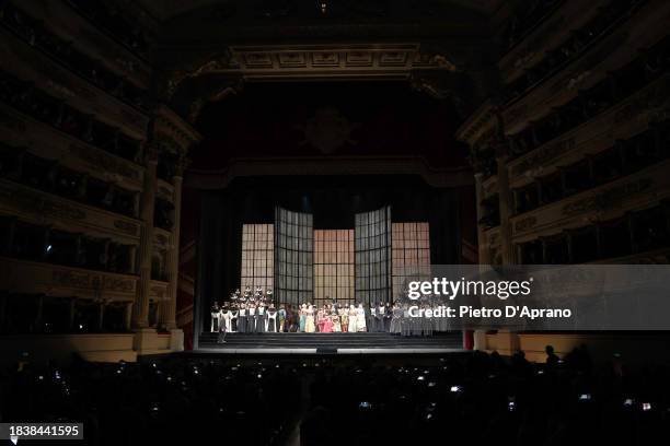 The cast of the opera "Don Carlo" during the final applauses at the 2023/2024 Season Inauguration at Teatro Alla Scala on December 07, 2023 in Milan,...