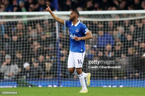 Beto of Everton celebrates scoring his team's third goal during the Premier League match between Everton FC and Newcastle United at Goodison Park on...