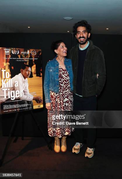 Nisha Pahuja and Dev Patel attend a special screening of Notice Picture's "To Kill a Tiger" on December 07, 2023 in London, England.