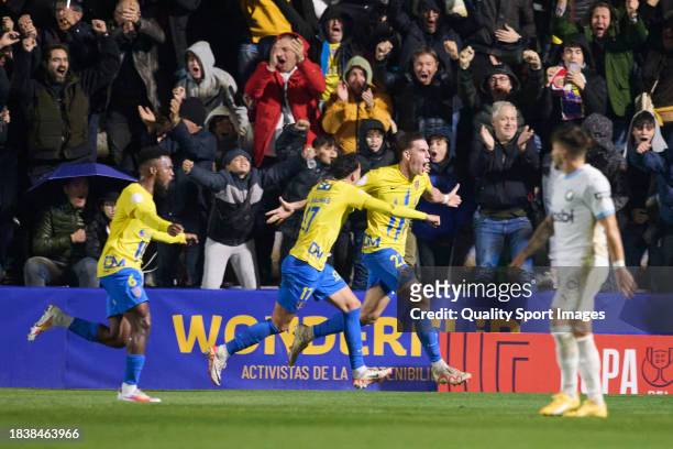 Sergio Mendi of Orihuela CF celebrates after scoring his team's first goal during the Copa del Rey second round match between Orihuela CF and Girona...
