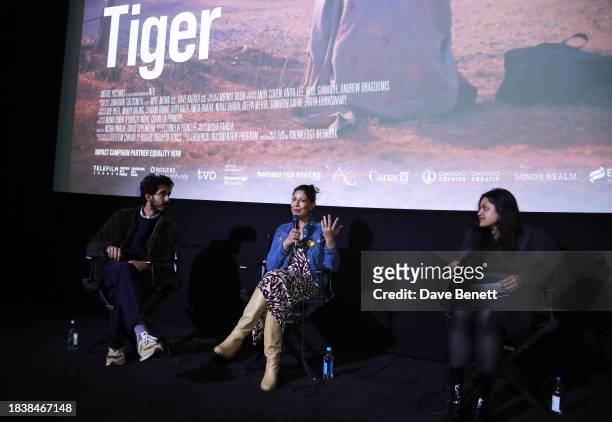 Dev Patel, Nisha Pahuja and Simran Hans attend a special screening of Notice Picture's "To Kill a Tiger" on December 07, 2023 in London, England.