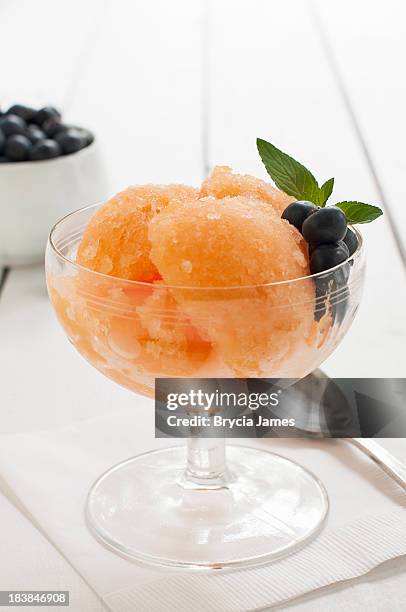 a tall glass bowl of cantaloupe granita with blueberries - sorbet stock pictures, royalty-free photos & images