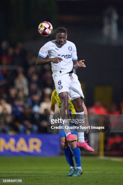 Ibrahima Kebe of Girona FC competes for the ball during the Copa del Rey second round match between Orihuela CF and Girona FC at Estadio Municipal...