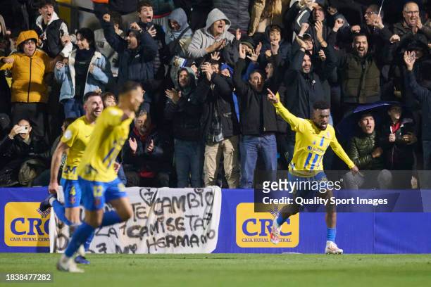 Aschalew Sanmarti of Orihuela CF celebrates after scoring his team's second goal during the Copa del Rey second round match between Orihuela CF and...