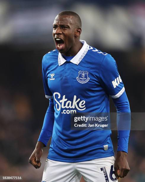 Abdoulaye Doucoure of Everton celebrates after the team's victory in the Premier League match between Everton FC and Newcastle United at Goodison...