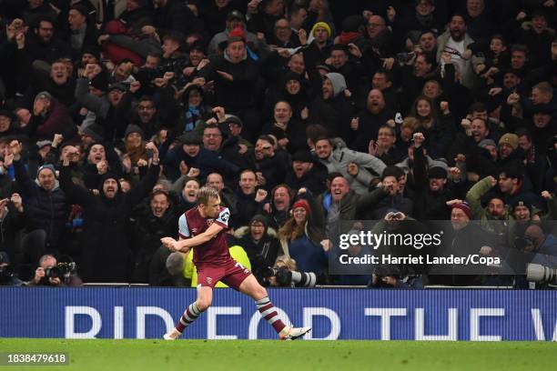 James Ward-Prowse of West Ham United celebrates after scoring his team's second goal during the Premier League match between Tottenham Hotspur and...