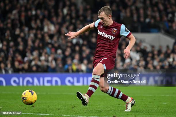 James Ward-Prowse of West Ham United scores his team's second goal during the Premier League match between Tottenham Hotspur and West Ham United at...