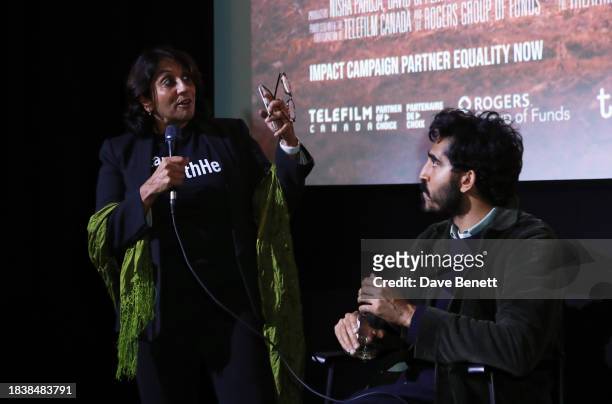 Geeta Sondhi and Dev Patel attend a special screening of Notice Picture's "To Kill a Tiger" on December 07, 2023 in London, England.