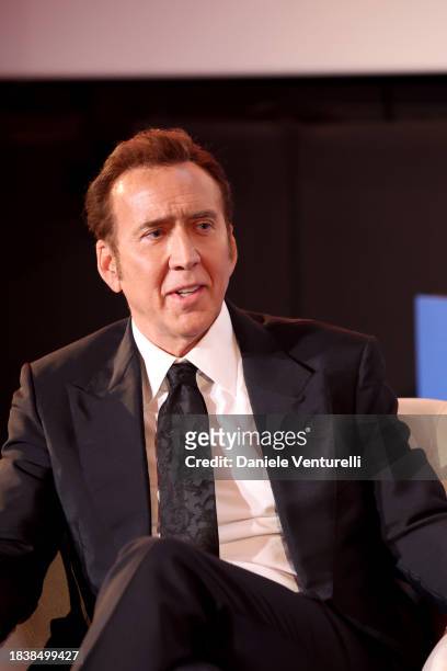 Nicolas Cage speaks on stage during the In Conversation with Nicolas Cage during the Red Sea International Film Festival 2023 on December 07, 2023 in...