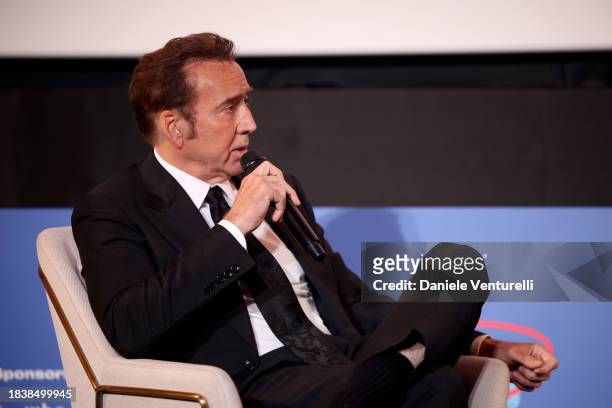 Nicolas Cage speaks on stage during the In Conversation with Nicolas Cage during the Red Sea International Film Festival 2023 on December 07, 2023 in...