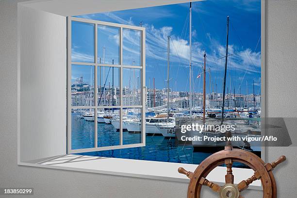 marseille harbor view from white window - window frame ship photos et images de collection