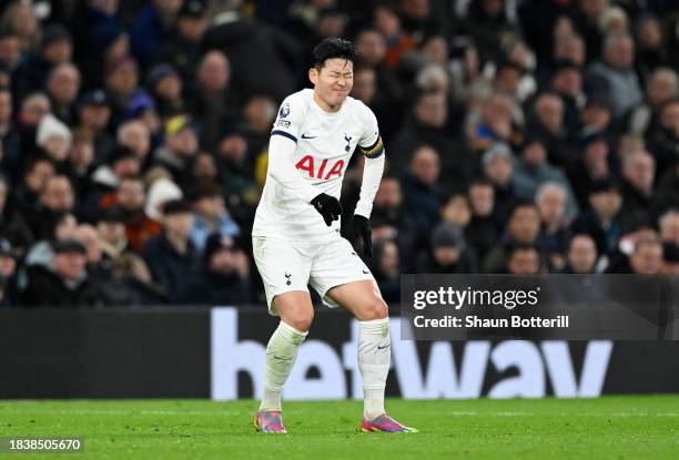 Son Heung-Min of Tottenham Hotspur reacts during the Premier League match between Tottenham Hotspur and West Ham United at Tottenham Hotspur Stadium...