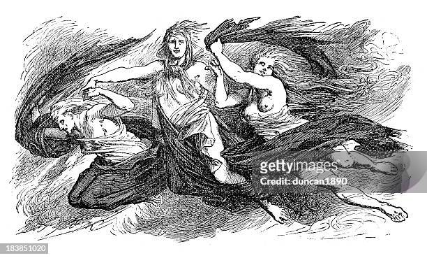 macbeth - the witches - macbeth fictional character stock illustrations