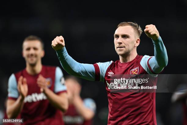 Jarrod Bowen of West Ham United celebrates towards the fans following the Premier League match between Tottenham Hotspur and West Ham United at...