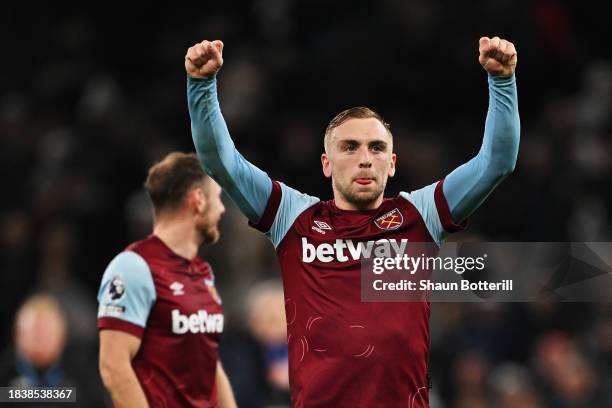 Jarrod Bowen of West Ham United celebrates towards the fans following the Premier League match between Tottenham Hotspur and West Ham United at...