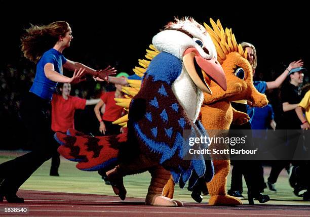 The Sydney 2000 Mascots celebrate the end of the 2000 Olympics during the Closing Ceremony held at the Olympic Stadium on day 16 of the Sydney 2000...