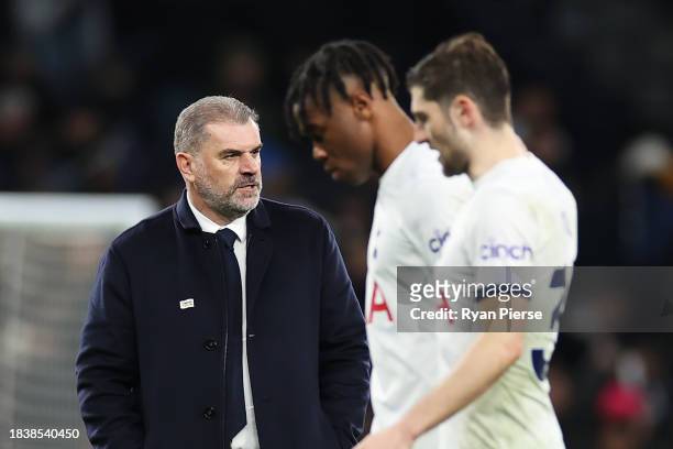 Ange Postecoglou, Manager of Tottenham Hotspur, looks on following the Premier League match between Tottenham Hotspur and West Ham United at...