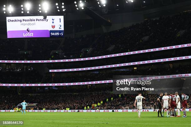 General view of a LED screen as VAR checks for a possible penalty for handball during the Premier League match between Tottenham Hotspur and West Ham...
