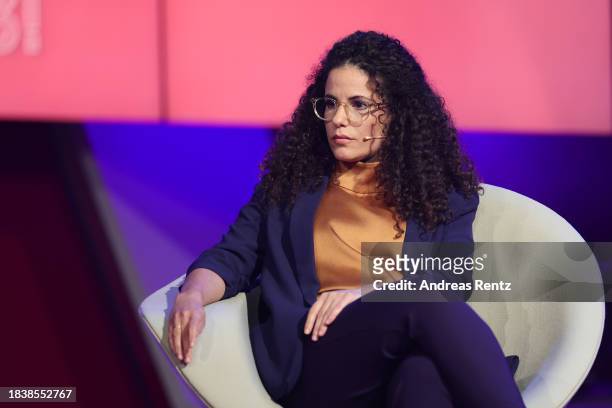 Hamas attack survivor Dafna Gerstner speaks during the "2023! Menschen, Bilder, Emotionen" TV show on December 07, 2023 in Huerth, Germany.