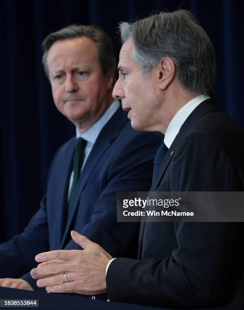 Secretary of State Antony Blinken and British Foreign Secretary David Cameron answer questions during a press conference at the State Department...