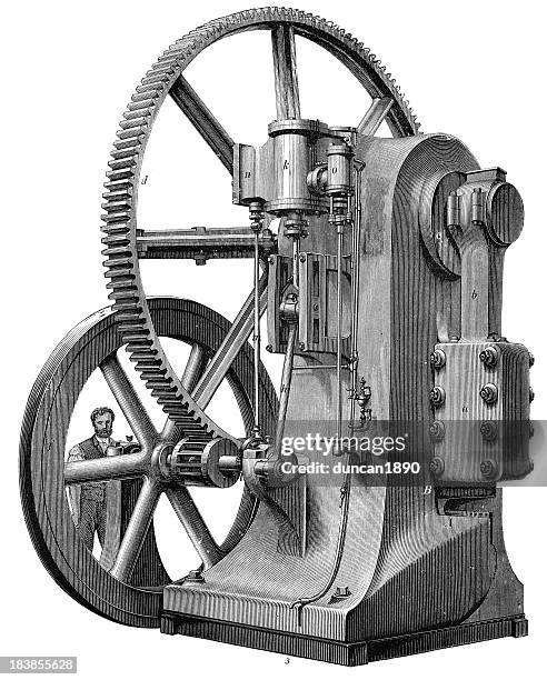 steel press punch - industrial revolution machinery - factory worker white background stock illustrations