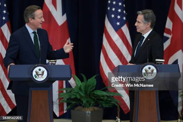 Secretary of State Antony Blinken and British Foreign Secretary David Cameron answer questions during a press conference at the State Department...