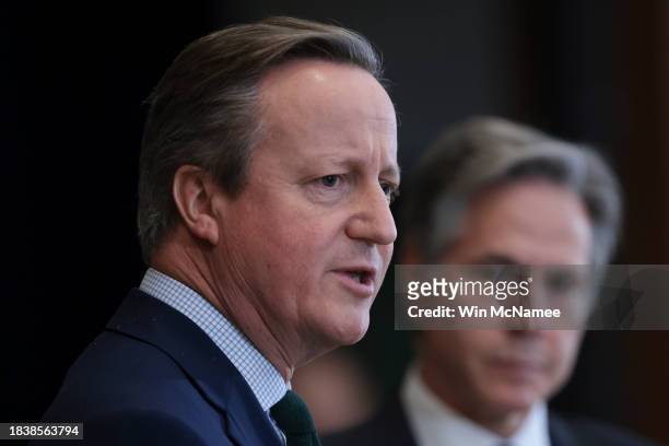 British Foreign Secretary David Cameron and U.S. Secretary of State Antony Blinken answer questions during a press conference at the State Department...