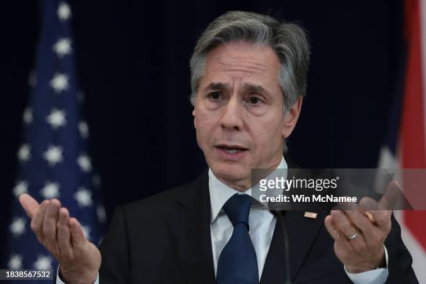 Secretary of State Antony Blinken answers questions during a press conference with British Foreign Secretary David Cameron at the State Department...
