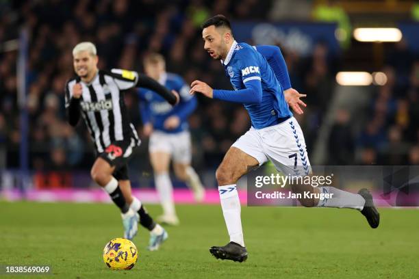 Dwight McNeil of Everton controls the ball during the Premier League match between Everton FC and Newcastle United at Goodison Park on December 07,...