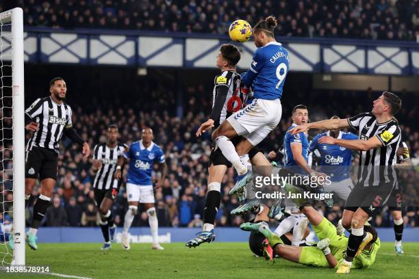 Dominic Calvert-Lewin of Everton heads at goal during the Premier League match between Everton FC and Newcastle United at Goodison Park on December...