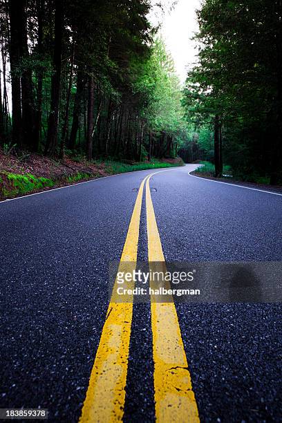 freshly paved highway 1 through mendocino county - yellow line stockfoto's en -beelden