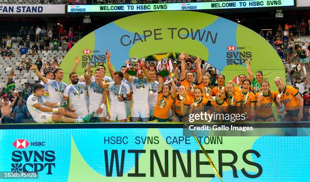 Argentina and Australia celebrate winning the final match between Australia and Argentina final on day 2 of the HSBC SVNS Cape Town at DHL Stadium on...