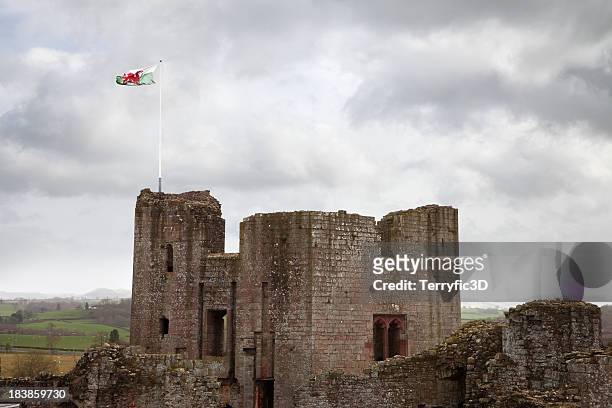 raglan castle main tower with welsh flag - wales flag stock pictures, royalty-free photos & images