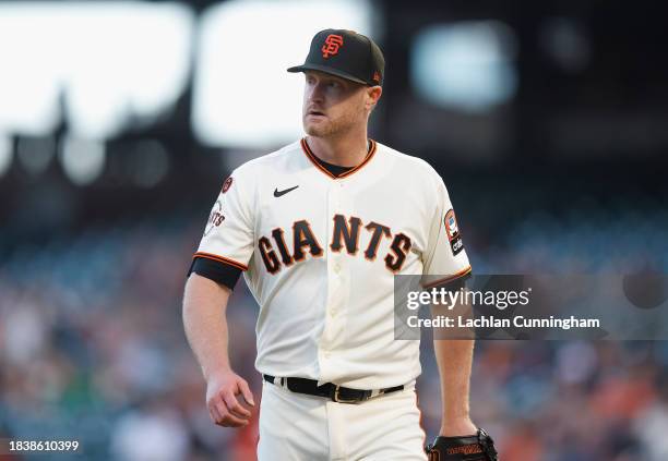 Pitcher Alex Cobb of the San Francisco Giants looks on between innings against the Cleveland Guardians at Oracle Park on September 11, 2023 in San...