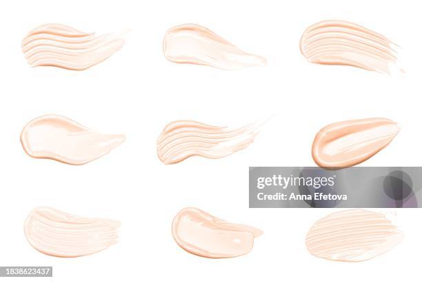 group of beige cosmetics color swatches. demonstrating pantone color trend 2024 - peach color. - lip gloss colors stock pictures, royalty-free photos & images