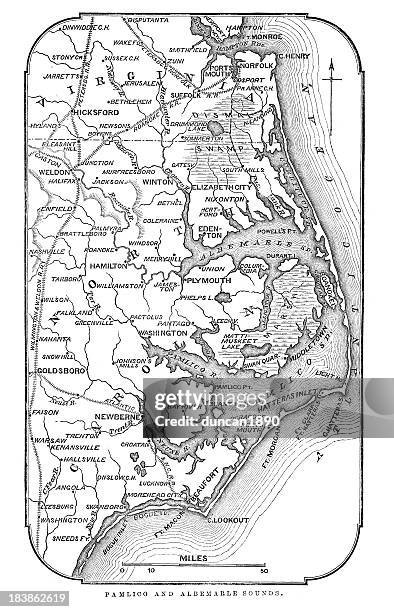 stockillustraties, clipart, cartoons en iconen met map of pamlico and albemarle sounds - virginia amerikaanse staat