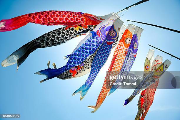 koinobori (peces koi japoneses con forma de vela - japon fotografías e imágenes de stock