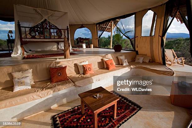 luxury safari bedroom - luxury tent stock pictures, royalty-free photos & images