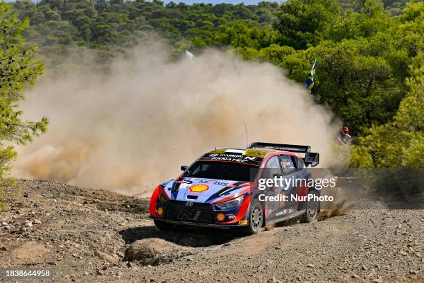 Drivers Ott Tanak and Martin Jarveoja of Team Hyundai Shell Mobis World Rally Team are competing in the Hyundai i20 N Rally1 Hybrid during the one...