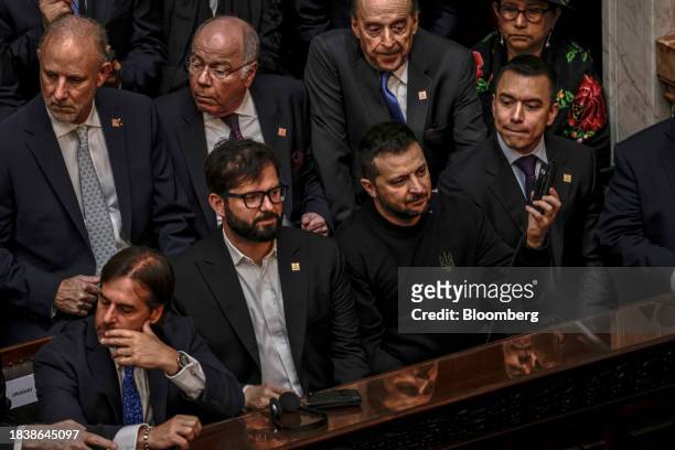 Luis Lacalle Pou, Uruguay's president, from bottom left, Gabriel Boric, Chile's president, and Volodymyr Zelenskiy, Ukraine's president, attend the...