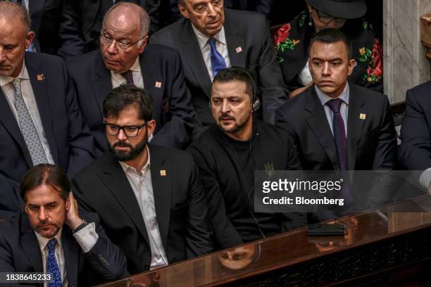 Luis Lacalle Pou, Uruguay's president, from bottom left, Gabriel Boric, Chile's president, and Volodymyr Zelenskiy, Ukraine's president, attend the...