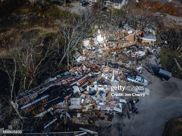 In an aerial view, a mobile home park where three people perished is seen in the aftermath of a tornado on December 10, 2023 in Madison, Tennessee....