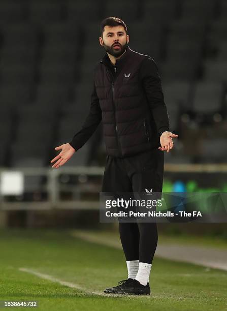 Dons Women manager Charlie Bill reacts during the MK Dons Women v Birmingham City Women - Adobe Women's FA Cup Third Round at Stadium mk on December...