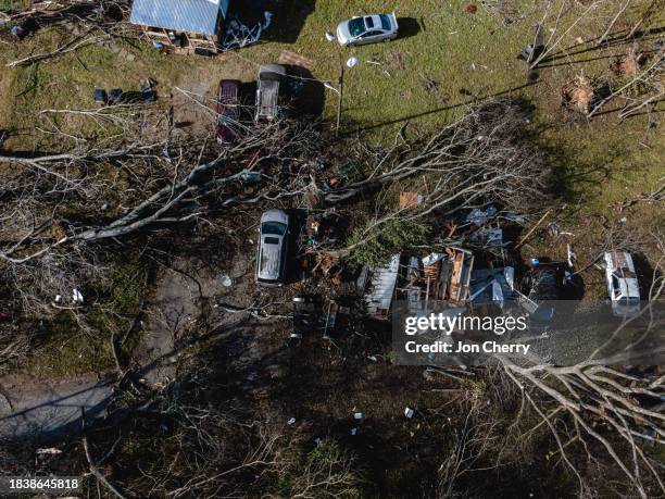 In an aerial view, downed trees and a destroyed home are seen in the aftermath of a tornado on December 10, 2023 in Madison, Tennessee. Multiple...