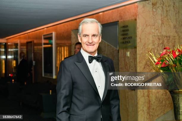 Norwegian Prime Minister Jonas Gahr Stoere arrives at the Nobel banquet at the Grand Hotel in Oslo on December 10, 2023. 2023 Nobel Peace Prize...