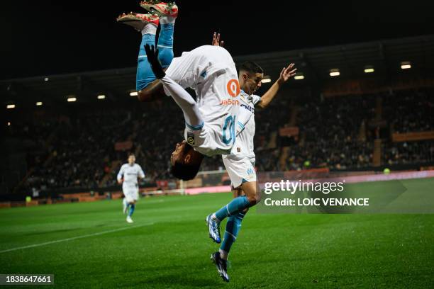 Marseille's French-Gabonese forward Pierre-Emerick Aubameyang celebrates scoring his team's second goal during the French L1 football match between...