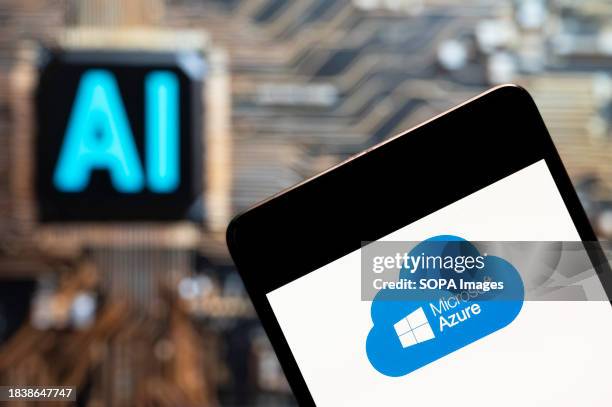 In this photo illustration, the American file hosting and cloud computing service owned by Microsoft, Azure logo seen displayed on a smartphone with...